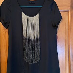 Black Fringe GoldDetail Women's silk Top